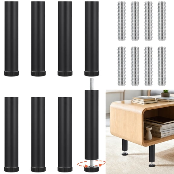 8 Pcs Adjustable Metal Furniture Legs, 5.9 in M8 Threaded Heavy Duty Sofa Legs Replacement, Black Round Metal Furniture Risers for Bed, Washing Machine, Fridge, Cabinet