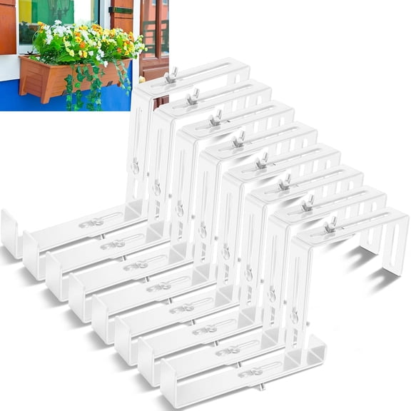 8 Pcs Adjustable Window Boxes Brackets Planter Box Bracket Heavy Duty Deck Railing Hanging Flower Stand for Windowsill Garden Fence Balcony (White)