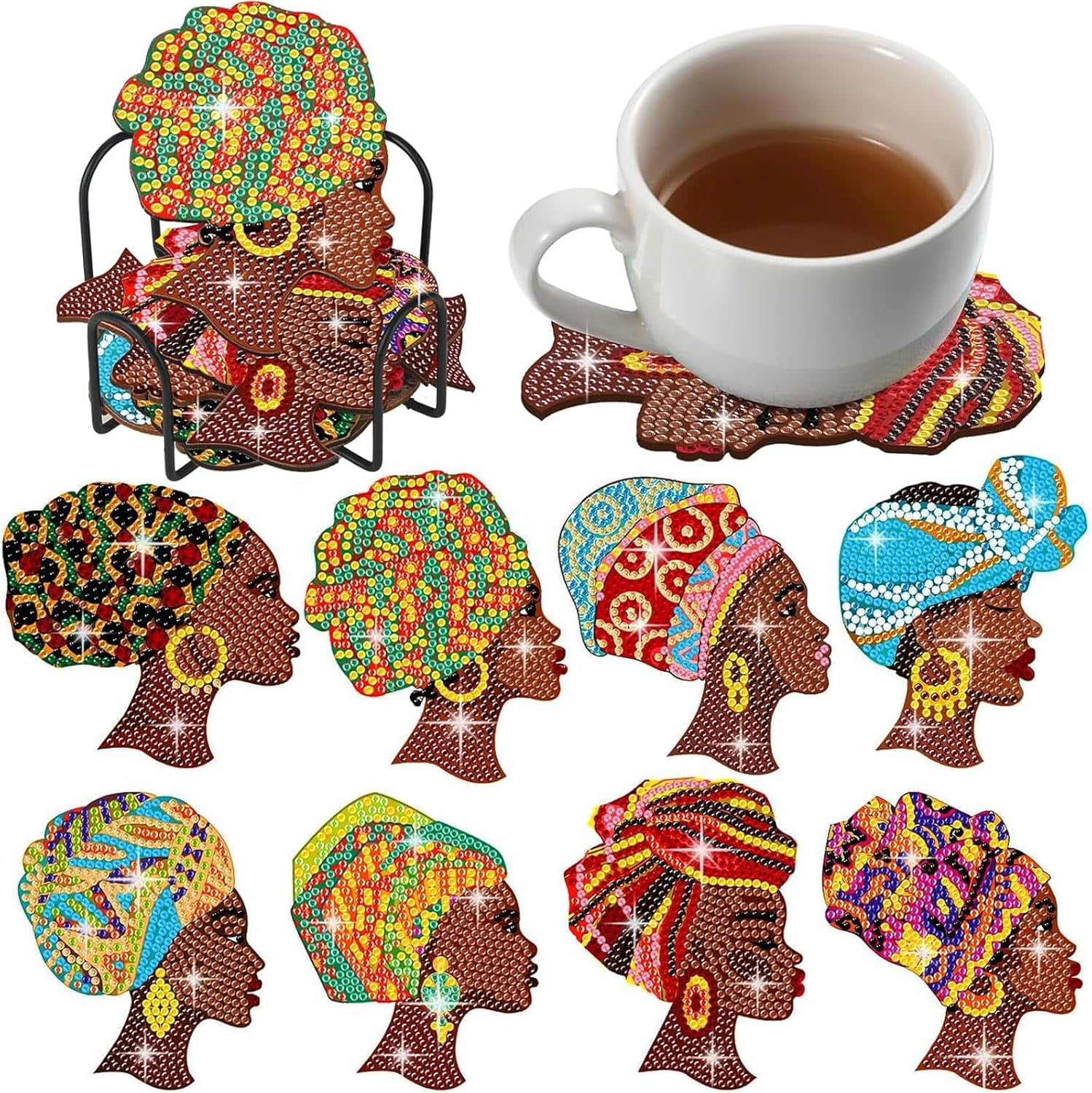 8 Pcs African American Diamond Painting Coasters with Holder Black Women Diamond Art Kits for Adults Beginners DIY Craft Supplies Gift