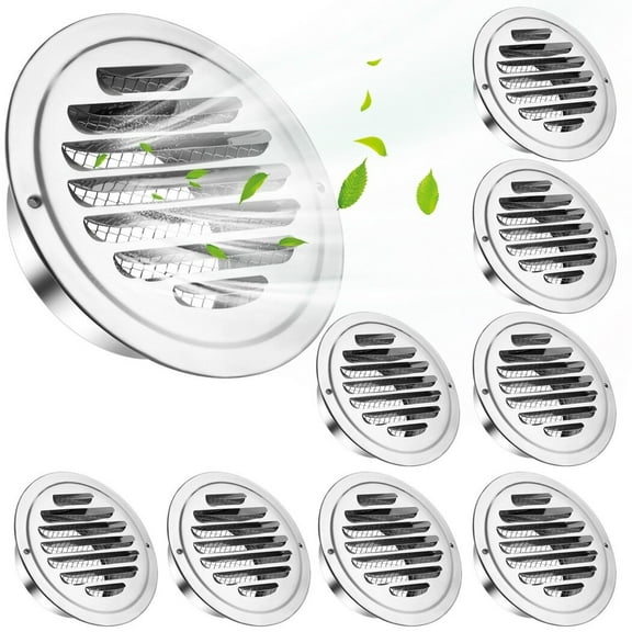 8 Pcs Air Soffit Vents, 4" Stainless Steel Air Outlet Vents, Round Louvered Grille Covers with Screen Mesh, Flat Ducting Air Ventilation Outlet Hoods, Wall Air Soffit Vents for Home, Office