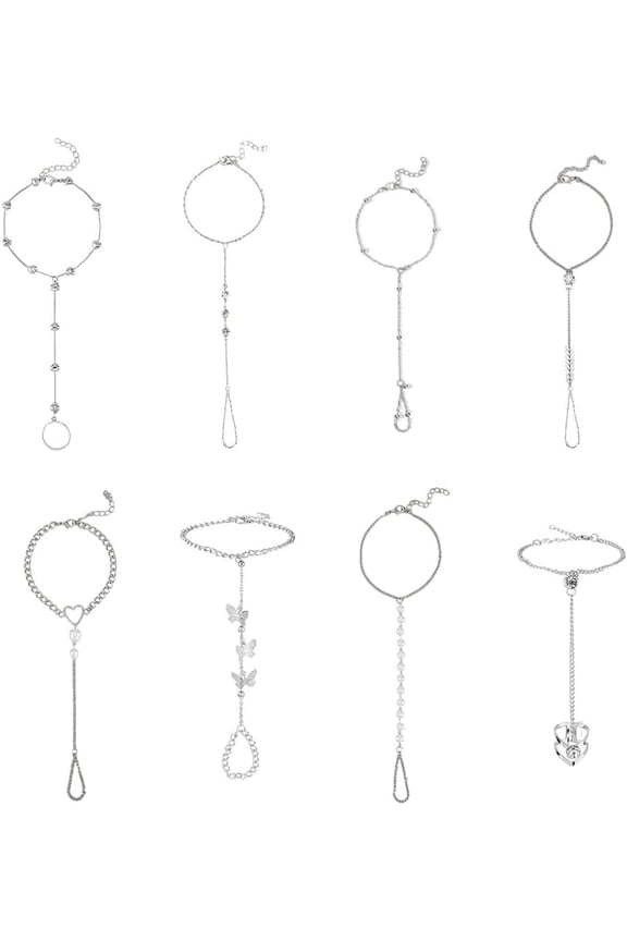 8 Pcs Alloy Finger Ring Bracelets Silver Link Chain Rings Bracelets Harness Chain Bracelets Ring Attached Bracelets Adjustable Elegant Hand Jewelry for Women Platinum