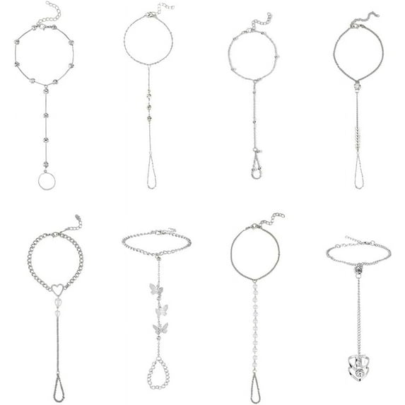 8 Pcs Alloy Finger Ring Bracelets Silver Link Chain Rings Bracelets Harness Chain Bracelets Ring Attached Bracelets Adjustable Elegant Hand Jewelry for Women Silver