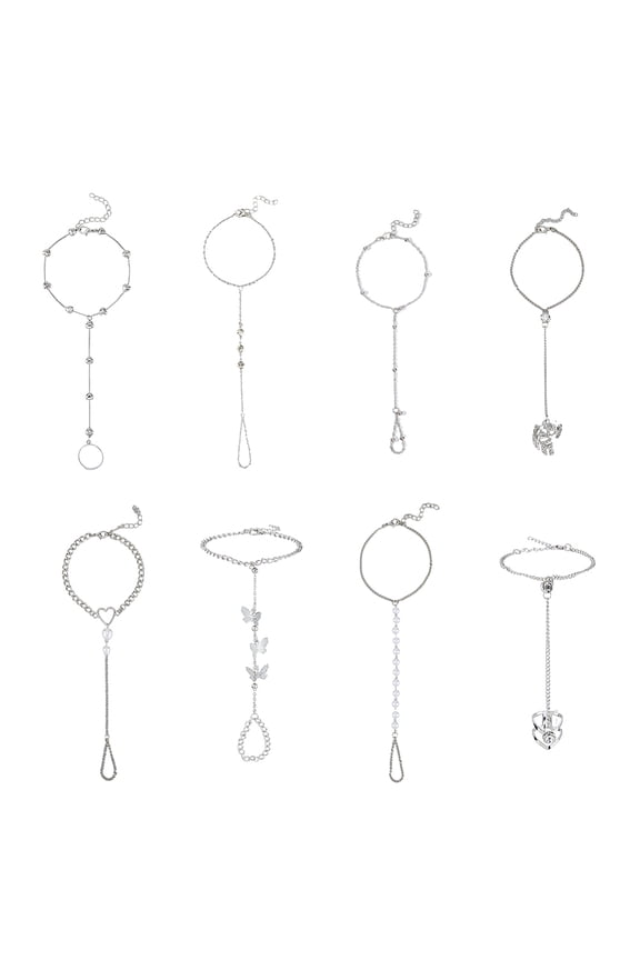 8 Pcs Alloy Finger Ring Bracelets Silver Link Chain Rings Bracelets Harness Chain Bracelets Ring Attached Bracelets Adjustable Elegant Hand