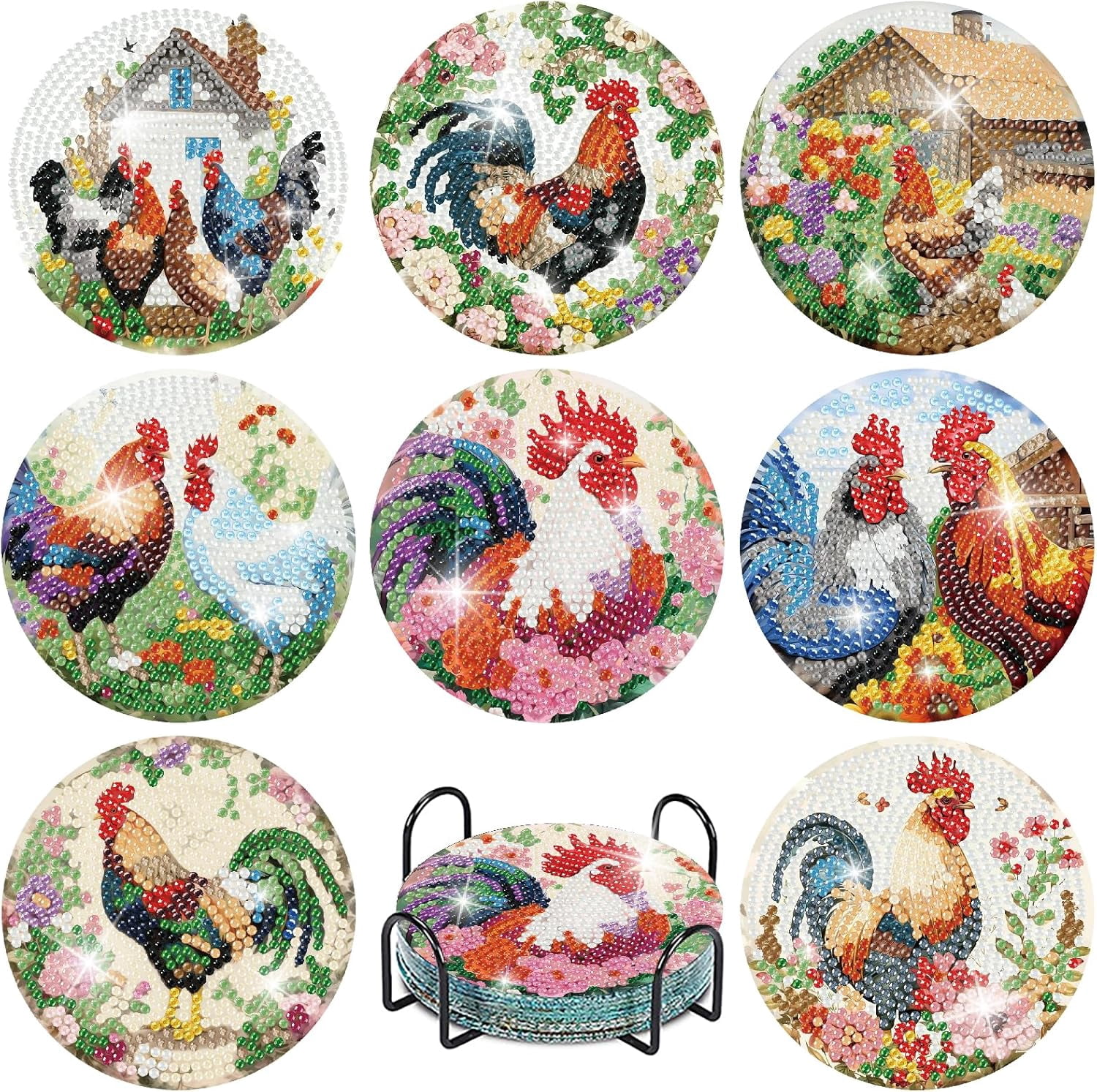 8 Pcs Animals Diamond Art Coasters Kits with Holder, Chicken Diamond Painting Coasters Kits for Adults, DIY 5D Diamond Dots Small Mini Kit Full Drill Art Craft Supplies 4X4 Inch