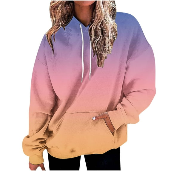 2024 Hot Womens Sweatshirt on Clearance Women's Winter Gradient Printed Plush Casual Long Sleeved Hooded Sweater Fall Womens Clothes, Orange XXL