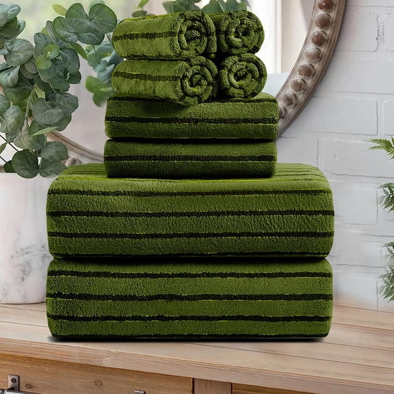 8 Pcs Army Green Cabana Stripe Large Bath Towel Set Oversized Bath Sheet-2 Bath Towels,2 Hand Towels,4 Washcloths Soft Jumbo Towels Absorbent Shower Towel Beach Chair Towels Spa Gym Hotel Towel