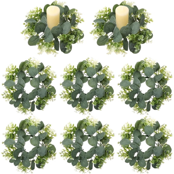 8 Pcs Artificial Eucalyptus Candle Rings, 3 Inch Center Candle Rings Eucalyptus Wreaths Green Leaves Decorative CandleRing for Wedding Party Centerpieces Home Decor
