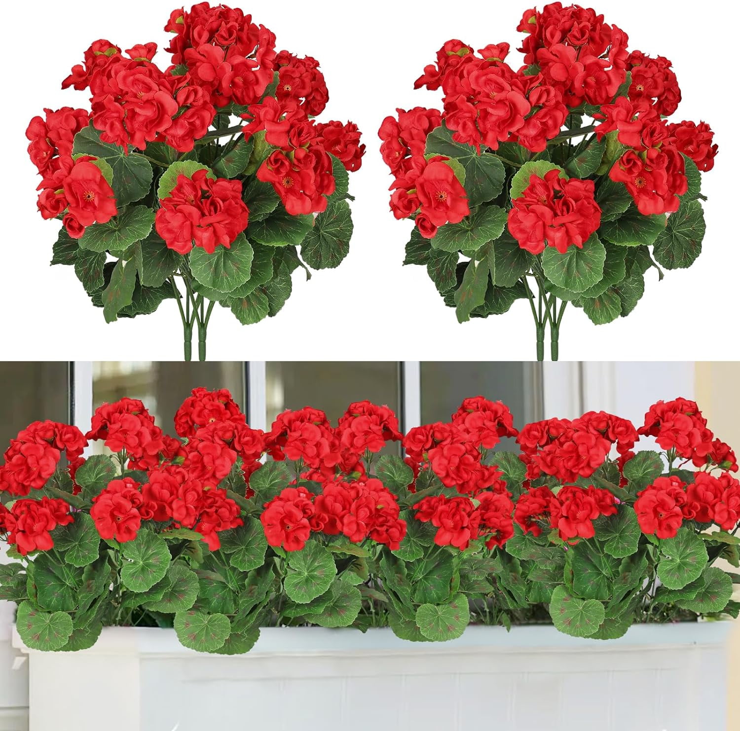 8 Pcs Artificial Red Geranium Silk Flowers Outdoor Plant Bush Faux Flowers Geraniums for Home Indoor Outside Garden Patio Vase Grave Cemetery Table Centerpieces Decor