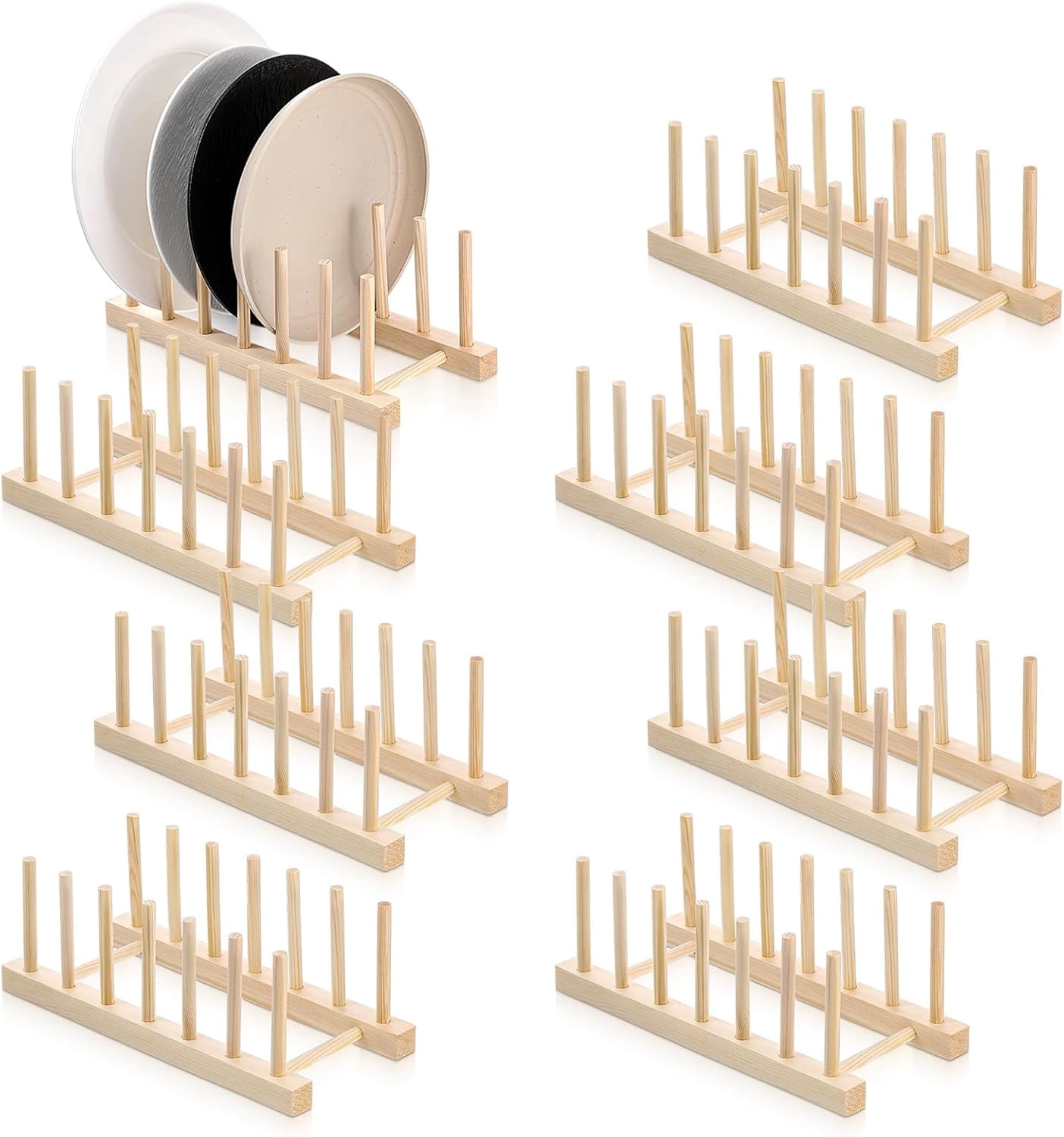 Pottery Plate Rack 8 Pcs Bamboo Wooden Plate Rack, 6 Slots Plate Organizer Dish Drying ...