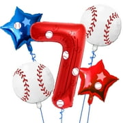 5 Pcs Baseball Balloons Set - Includes Baseball Foil Balloons, Number 7 Balloon, Blue Red Star Balloons, Baseball Stickers for Baseball Party Supplies