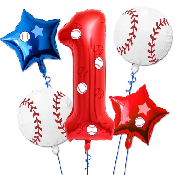 5 Pcs Baseball Balloons Set - Includes Baseball Foil Balloons, Number 1 Balloon, Blue Red Star Balloons, Baseball Stickers for Baseball Party Supplies