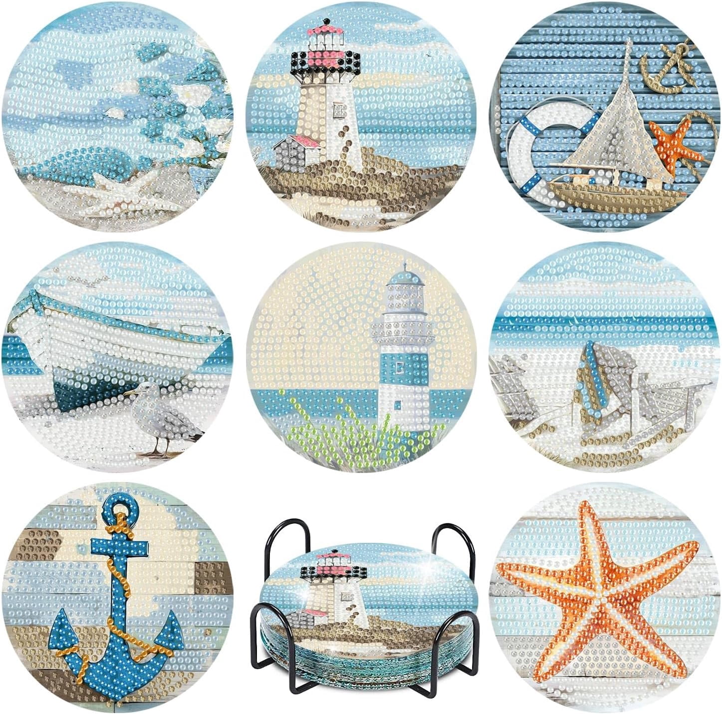 8 Pcs Beach Diamond Art Coasters Kits with Holder, Sea Diamond Painting Coasters Kits for Adults, Light House DIY 5D Diamond Dots Small Mini Kit Full Drill Art Craft Supplies 4X4 Inch