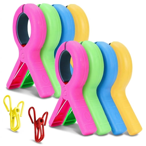 8 Pcs Beach Towel Clips + 2 Pcs Chip Clips, Beach Chair Towel Clips for Pool Cruise, Heavy Duty, Pink Green Blue Yellow