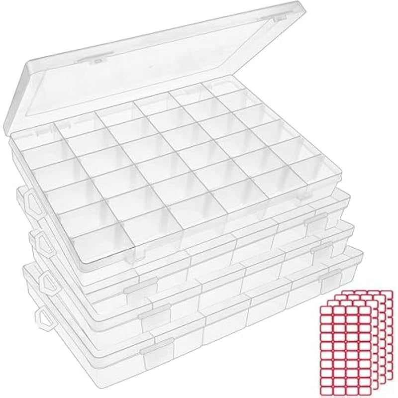 8 Pcs Bead Storage Containers, 36 Grids Plastic Organizer Box with Removable Dividers and Label Stickers, Clear Jewelry Craft Storage Case for Beads, Small Accessories, 10.8 x 6.9 x 1.7 in