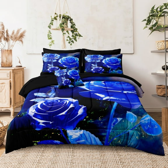 8 Pcs Bed in a Bag Blue Rose Comforter Set Queen Size Rose Flower Bedding Set Romantic Love Valentine Bedding Comforter Set
