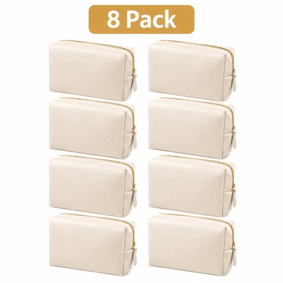 8 Pcs Beige Makeup Bags Set with Golden Zippers Durable PU Leather Cosmetic Pouches, Portable Toiletry Storage Bags for Travel, Toiletries, Cosmetics, Daily Use and Gifts