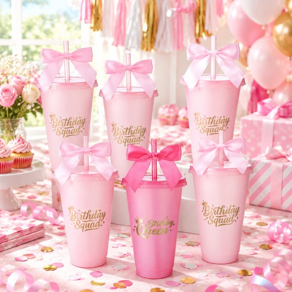 8 Pcs Birthday Party Cups, 24 Oz Pink Plastic Cups with Lids and Straws, Reusable Drinkware with Gold Prints and Bow Decorations for Birthday Celebrations