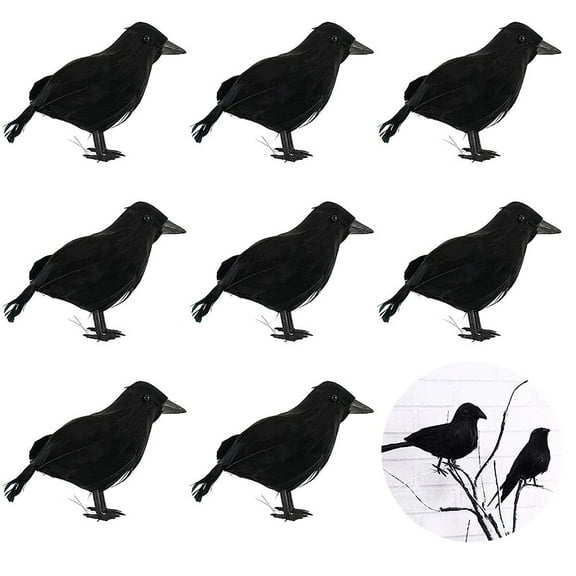 8 Pcs Black Feathered Crows Ravens Statue Black Birds Figurine Handmade Artificial Birds Halloween Crows for Halloween Party Home Garden Decoration Outdoor Indoor Party Supplies Props