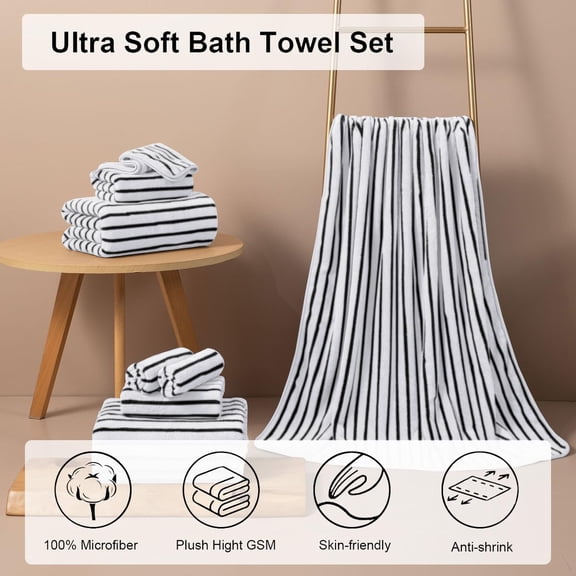 8 Pcs Black White Cabana Stripe Large Bath Towel Set Oversize Bath Sheet-2 Bathroom Towels,2 Hand Towels,4 Washcloths Soft Jumbo Absorbent Towel Quick Dry Beach Chair Spa Gym Hotel Towel