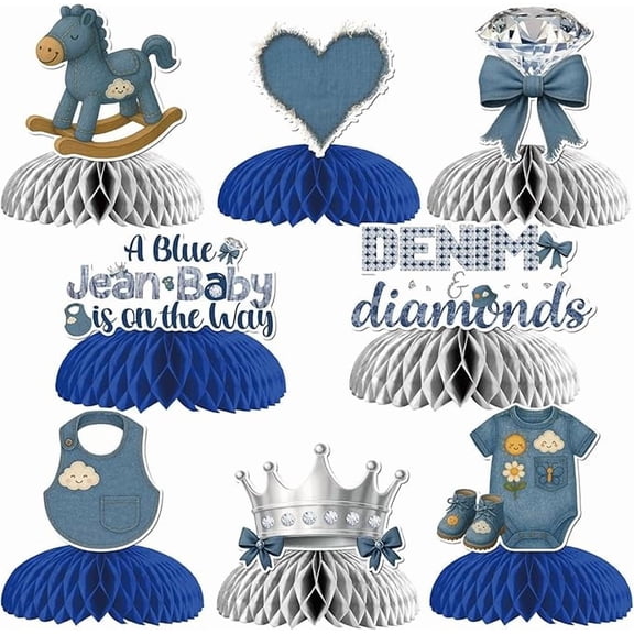 8 Pcs Blue Jean Baby Shower Honeycomb Centerpieces, Denim and Diamonds Baby Shower Decorations A Blue Jean Baby is on the Way Table Centerpieces Babysuit Crown Diamond Table Supplies