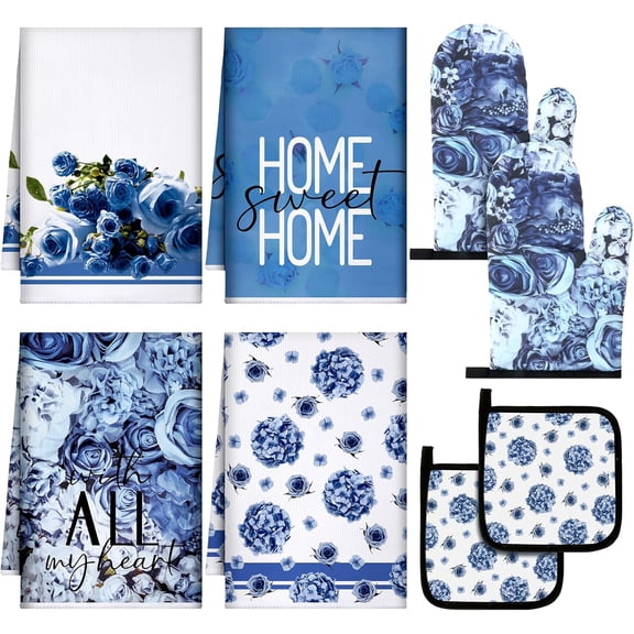 8 Pcs Blue Rose Kitchen Towels and Dishcloths Sets Oven Mitts and Pot Holders Sets Absorbent Kitchen Gloves Potholders Heat Resistant for Chef Baking Cooking