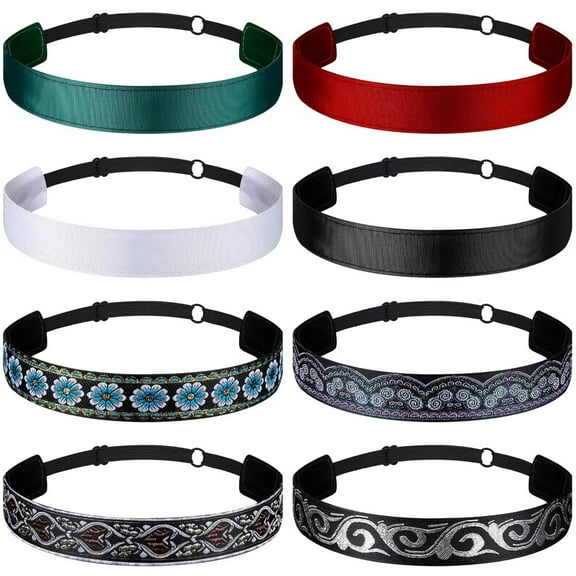 8 Pcs Boho Chic Headwraps, Adjustable Wide Headbands with Non-Slip Velvet Interior, Stylish Hair Accessories for Women Girls, Perfect for Workout Yoga Fashion Party