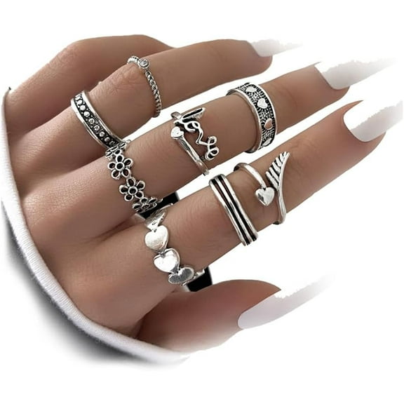 8 Pcs Boho Retro Silver Midi Rings Set Flower Band Joint Rings Love Heart Cupid's Arrow Stackable Rings for Women