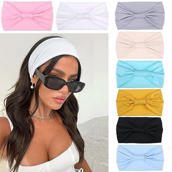 8 Pcs Boho Wide Bandanas Women's Anti-Slip Ties Fashion Headband For Girls Out Outdoor Yoga Solid Color Hair Accessories (Pink, White, Light gray, Beige, Lake blue, Turmeric, Black, Light blue)