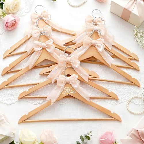 8 Pcs Bride Dress Hanger and Bridesmaid Hangers for Wedding Ribbon Bow Pearl Elegant Wooden Mrs. Hangers for Bridal Keepsake Bridal Shower Wedding Day Gift$$Home Decor, Kitchen, & Other