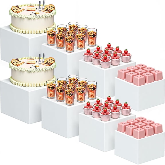 8 Pcs Buffet Food Risers for Table, 5", 5.5", 6.5", 7.8'' Acrylic Buffet Risers and Stands, Display Stand Box for Catering Dessert Collectibles Jewelry Figures Show Cube (White)