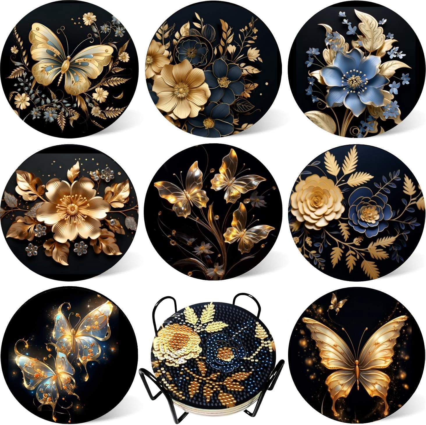 8 Pcs Butterfly Diamond Painting Coasters Kits with Holder,Diamond Art Coasters Set for Drinks Coffee Table, Gem Painting kit for Beginners ults DIY Art Craft Gifts Black Gold Decors (Butterfly)