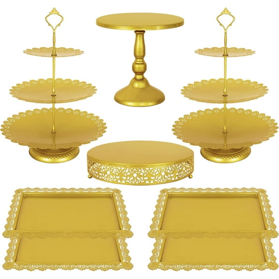 8 Pcs Cake Stand Gold Metal Dessert Table Display Set, 3-Tier Cupcake Stand, Cake Display Tower and Cookie Tray Rack Serving Tray for Birthday Party, Weddings, Baby Shower (Gold)