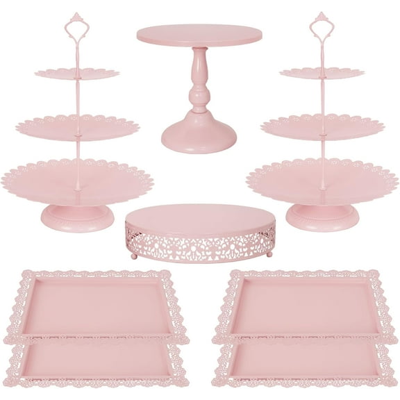 8 Pcs Cake Stand Pink Metal Dessert Table Display Set, 3-Tier Cupcake Stand, Cake Display Tower and Cookie Tray Rack Serving Tray for Birthday Party, Weddings, Baby Shower (Pink)