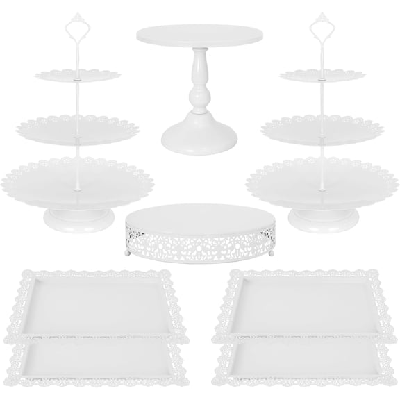 8 Pcs Cake Stand White Metal Dessert Table Display Set, 3-Tier Cupcake Stand, Cake Display Tower and Cookie Tray Rack Serving Tray for Birthday Party, Weddings, Baby Shower (White)