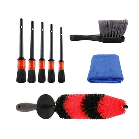 8 Pcs Car Detailing Brush Set With Tire Brush, Long Handle Rim Brush, Soft Detail Brushes, Auto Wheel Cleaning Brush For Car Alloy Wheel, Interior