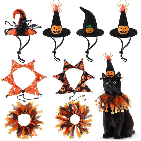 8 Pcs Cat Halloween Costume Witch Hat and Tutu Collar with Bells for Cat Halloween Witch Pet Costume Accessories for Small Kitten Dog Cosplay Party Decor