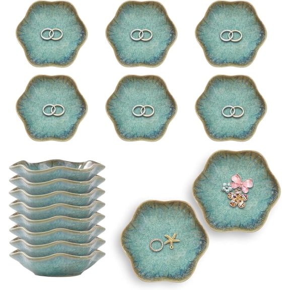 8 Pcs Ceramic Jewelry Dish Tray, Ring Dish,Lotus Leaf Trinket Tray, Key Bowl, Decorative Plate for Earrings, Rings, Gift for Friends, Mom(Jade Green)