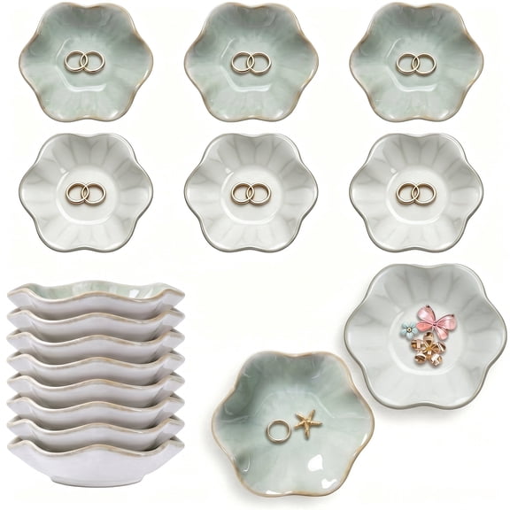8 Pcs Ceramic Jewelry Dish Tray, Ring Dish,Lotus Leaf Trinket Tray, Key Bowl, Decorative Plate for Earrings, Rings, Gift for Friends, Mom, Light Green and White