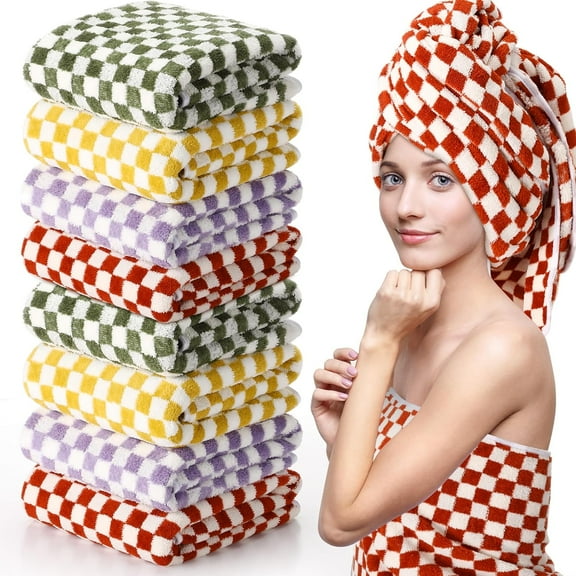8 Pcs Checkered Large Bath Towels Bulk 27.56 x 55.12 Inch Soft Colorful Bath Towels Checkered Towels for Bathroom Spa Shower Gifting Hotel Gym Beach Pool