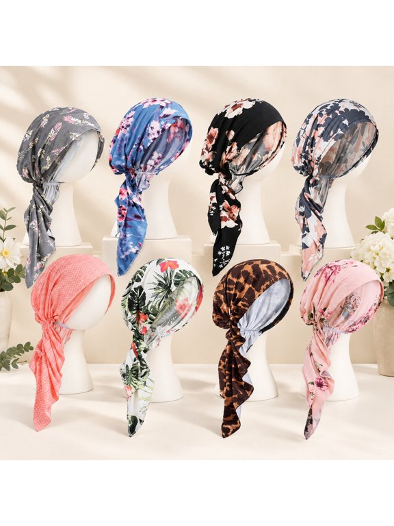 8 Pcs Chemo Headwear for Women, Soft Pre-Tied Head Scarves and Turbans for Hair Loss, Stretchy Head Coverings, Daily Wear, Holiday Gatherings and Thoughtful Gifts