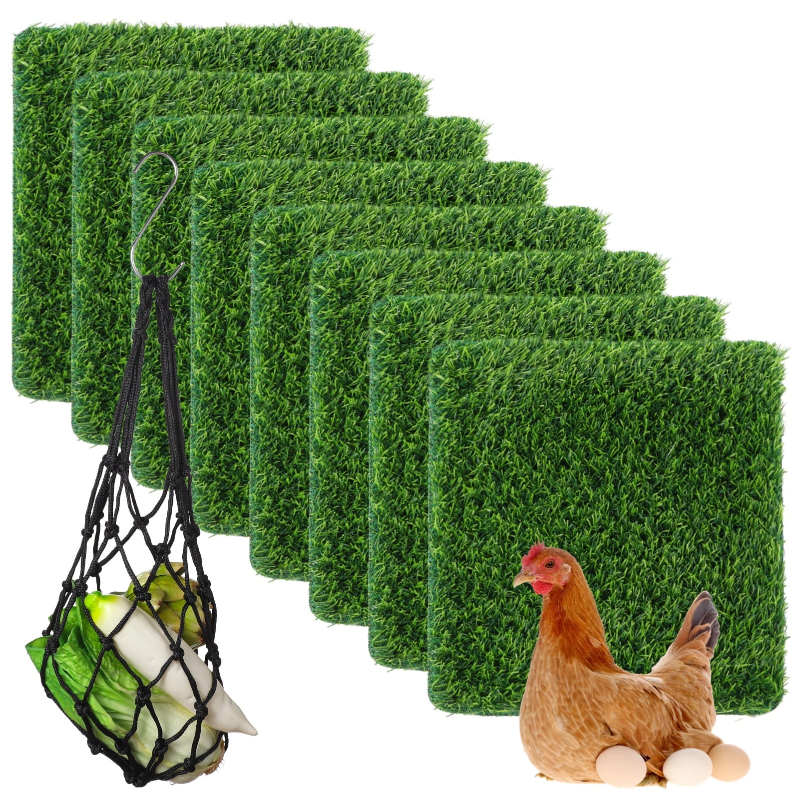 8 Pcs Chicken Nesting Box Pads, Washable Artificial Grass Mats With Feeding String Bag, Reusable Fake Turf Beddings, Indoor & Outdoor Green Rugs For Chicken Coops, 12x12 Inches