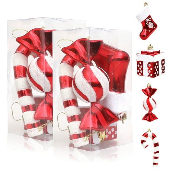 8 Pcs Christmas Candy Ornament Set Plastic Peppermint Candy Cane Christmas Decorations Christmas Candy Crutches Gift Boots Set Ornament Xmas Hanging Pendant Decorations with Rope