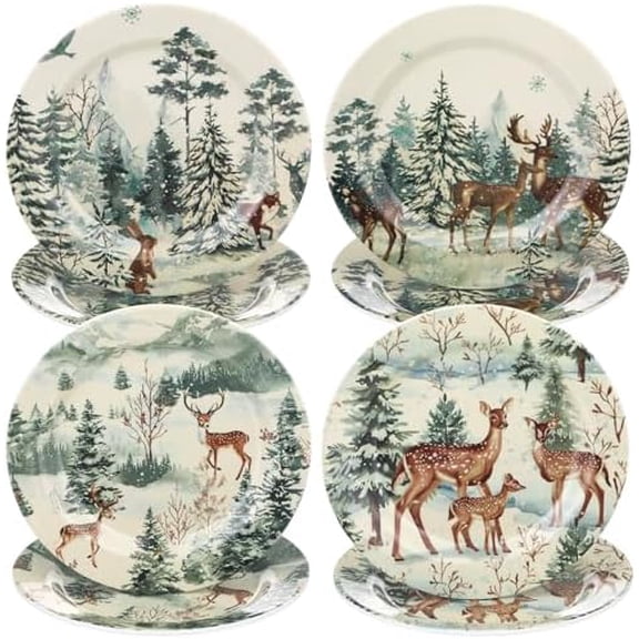 8 Pcs Christmas Melamine Salad Plates Winter Melamine Dessert Plates Assorted Designs Christmas Dishes Dinnerware Set for Xmas Birthday Party Gift Appetizer(Elk,Green,10 Inch)