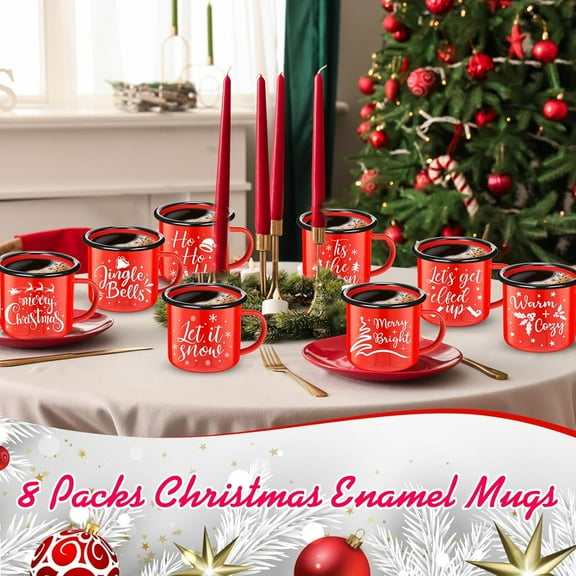 8 Pcs Christmas Mugs Sets 12 oz Enamel Christmas Coffee Mugs Bulk Novelty Holiday Cups for Hot/cold Beverages for Home School Office Table Centerpieces Xmas Holiday Party Gift(Red)