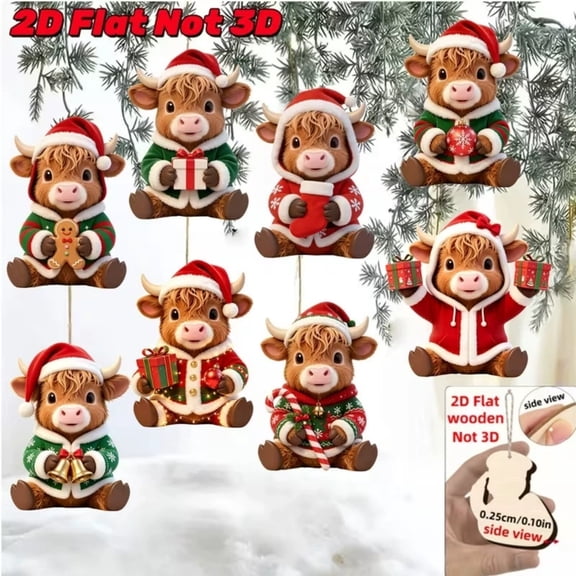 8 Pcs Christmas Ornament Highland Cow Tree Decoration Wooden Highland Cow Hanging Ornament, Western Themed Party Favors for Xmas Tree Farmhouse Home Fireplace