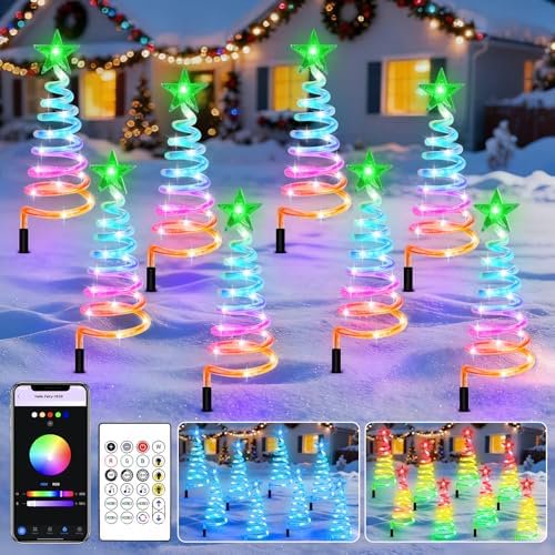 8 Pcs Christmas Pathway Lights Outdoor, Smart 19'' Multicolor Spiral Xmas Tree Path Lights with APP&Remote, DIY, Timer, 120 LEDs Waterproof Christmas Yard Decorations Outdoor for Walkway