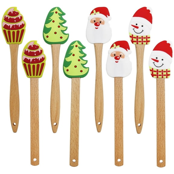 Heat-Resistant Silicone, 8-Piece Christmas Wooden Handle Spatulas, Santa Pattern Cake Decorating & Dish Scraper (Easy to Clean)