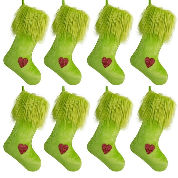 8 Pcs Christmas Stockings, Green Plush Christmas Stockings Faux Fur Xmas Stocking Christmas Hanging Socks for Family Christmas Tree Decoration