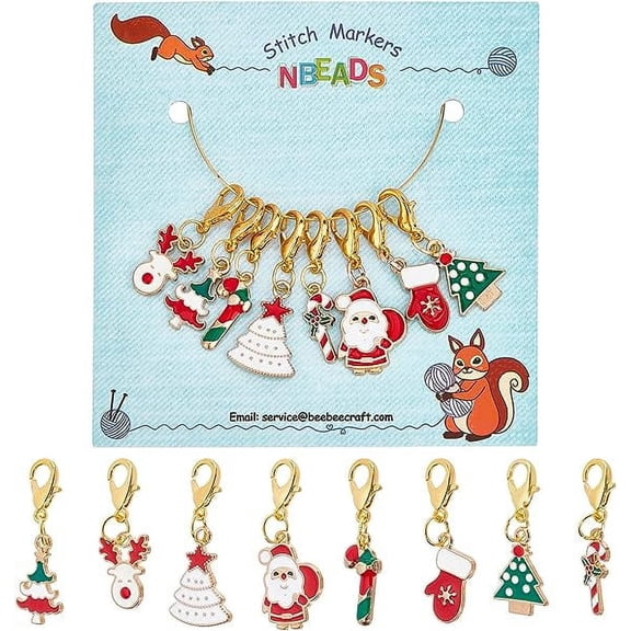 8 Pcs Christmas Theme Stitch Markers, 8 Styles Christmas Tree/Christmas Reindeer Alloy Enamel Crochet Stitch Marker Charms Locking Stitch Marker for Knitting Weaving Sewing Handmade Jewelry