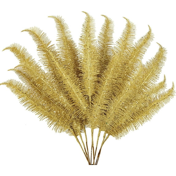 8 Pcs Christmas Tree Picks and Sprays Gold Glitter Christmas Picks 28" Christmas Glitter Feathers Leaves Stems for Christmas Tree Filler Branches Wreaths Centerpieces Holiday Decorations